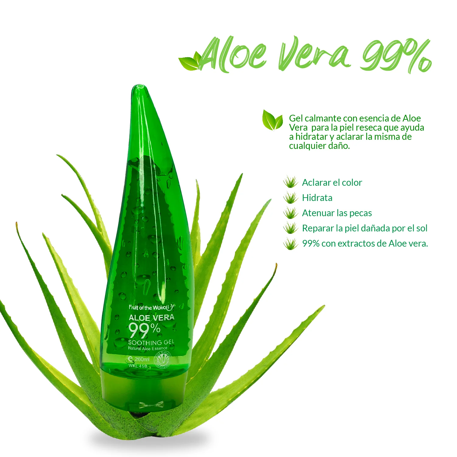 FRUIT OF THE WOKALI – Hidratación y Cuidado Facial/Corporal – Gel Calmante Aloe Vera 99% – 260ml - Image 3