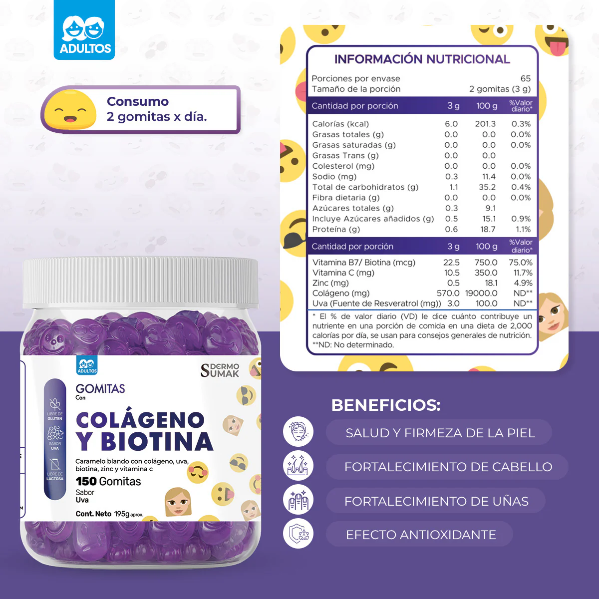 GOMITAS COLÁGENO Y BIOTINA - ADULTO 150 GOMITAS - DERMO SUMAK - Image 4