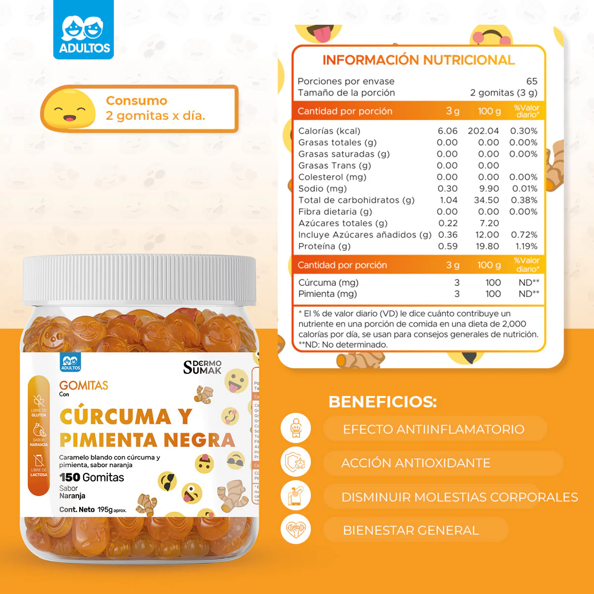 GOMITAS DE CURCUMA Y PIMIENTA NEGRA ADULTOS 150 GOMITAS - DERMO SUMAK - Image 4