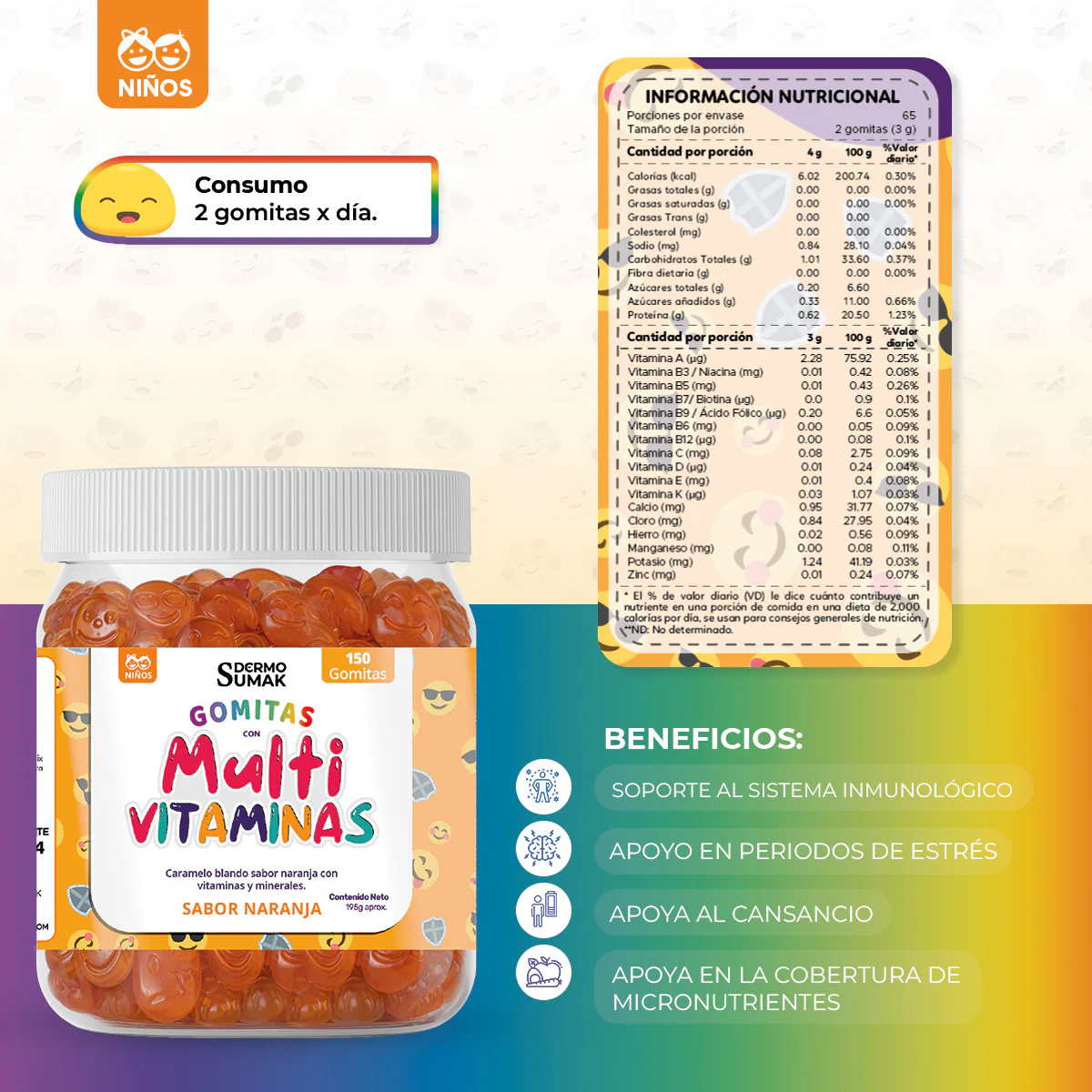 GOMITAS MULTI-VITAMINAS - NIÑOS 150 GOMITAS - DERMO SUMAK - Image 4