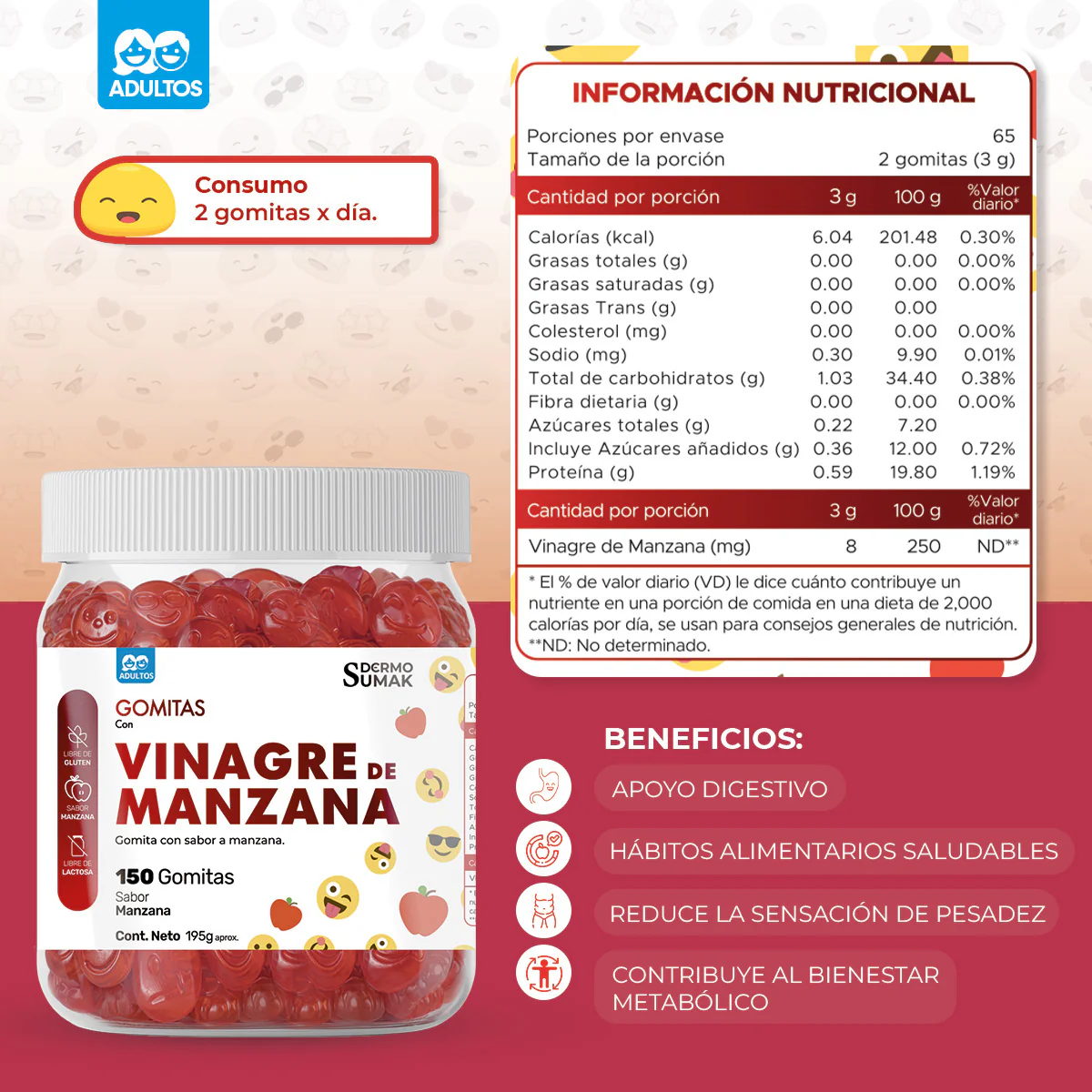 GOMITAS VINAGRE DE MANZANA - ADULTO 150 GOMITAS - DERMO SUMAK - Image 4